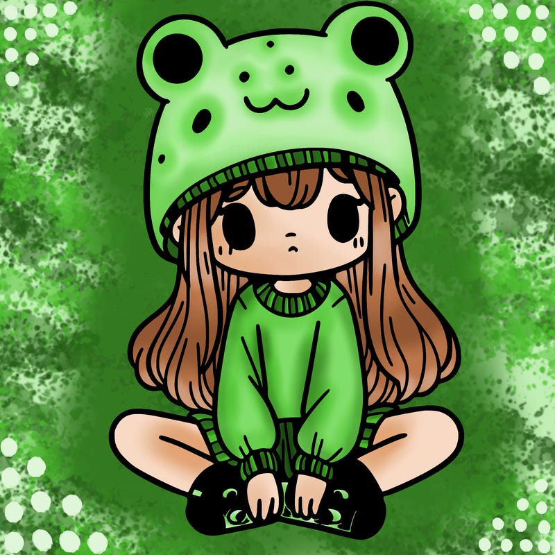 a girl wearing a frog hat and some frog socks