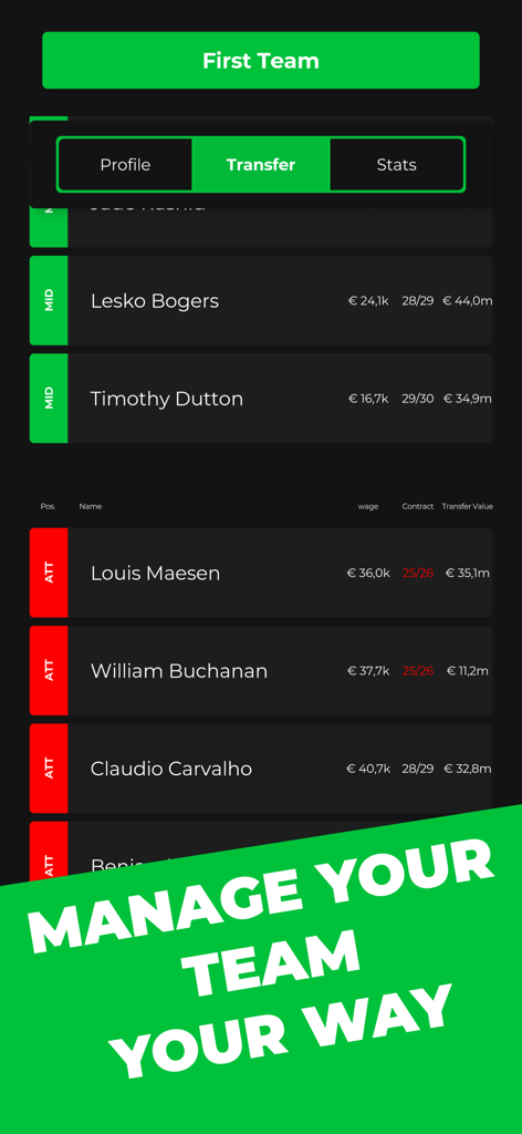 Club Boss - Football Game - Interface showing the first team squad list with player transfer values and contract details in Club Boss football game