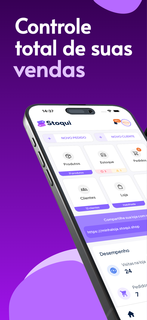 Stoqui: Catálogo e Vendas - Interfaz del panel de ventas de la aplicación Stoqui que muestra herramientas de gestión de ventas e inventario en un smartphone.