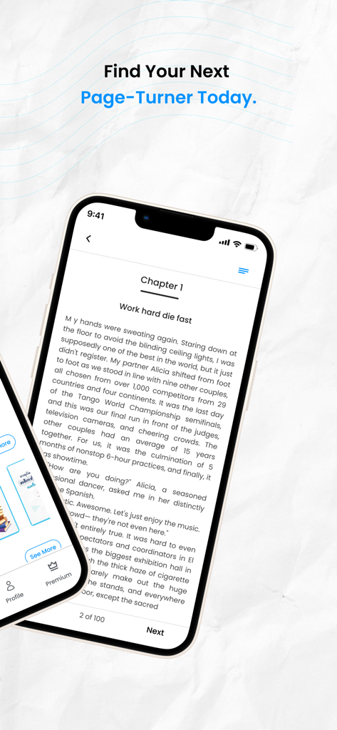 Dream Lab 2.0 - Pantalla de smartphone que muestra el lector de libros electrónicos de Dream Lab 2.0, visualizando un capítulo de un libro.