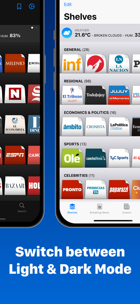 Mexican Newspapers app showing light and dark mode interfaces