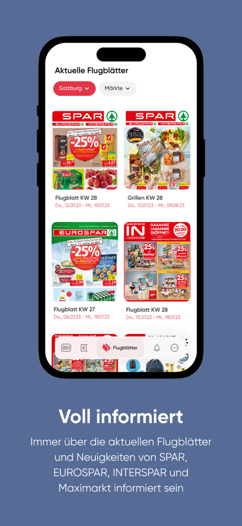 SPAR - SPAR Mobile App-Oberfläche, die aktuelle wöchentliche digitale Prospekte und Lebensmittelangebote zeigt