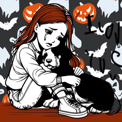 realistic girl crying with a realistic dog laying on her lap