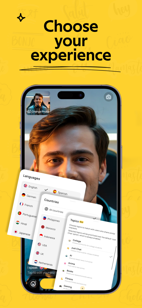 CR Video Chat - Interfaz de la aplicación CR Video Chat que muestra filtros para idiomas, países y temas basados en intereses para videollamadas