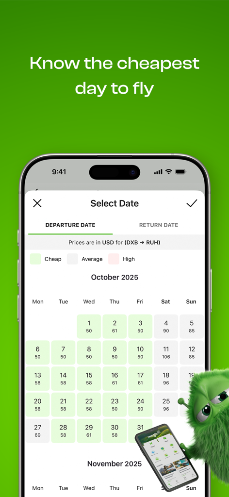 Wego Flights & Hotels Booking - Tela de smartphone mostrando o calendário de reserva de voos do aplicativo Wego com indicadores de preço codificados por cores para selecionar datas de partida baratas