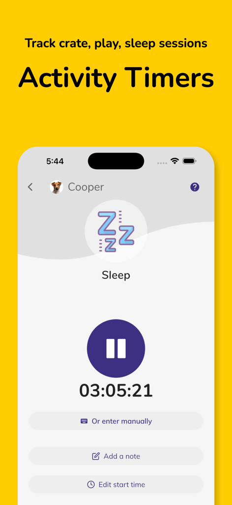 Doggy Time: Dog Training Log - Oberfläche der Doggy Time App mit einem Schlafaktivitäts-Timer für einen Welpen