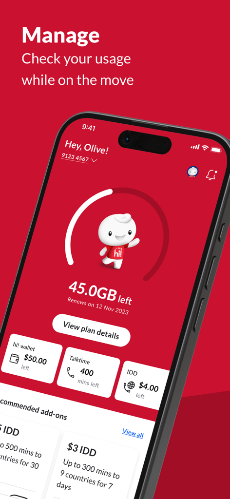 Singtel hi! - Singtel hi app interface displaying data usage and account balance on a mobile phone