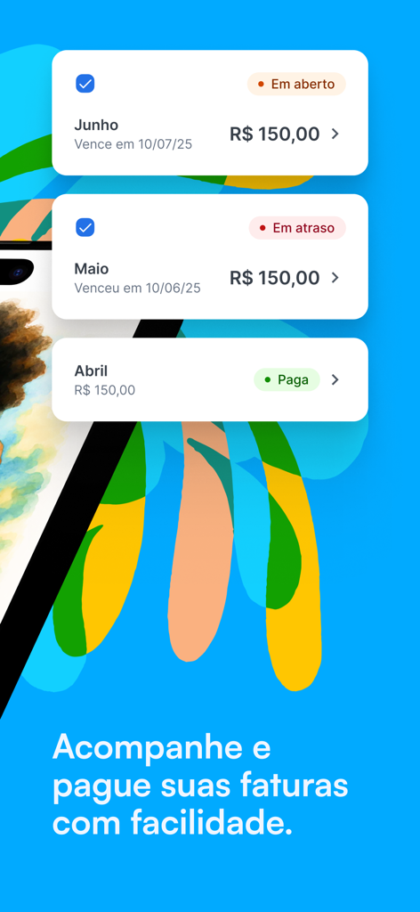 Sabesp Mobile app screen showing monthly water utility bills with status labels for open, overdue, and paid payments