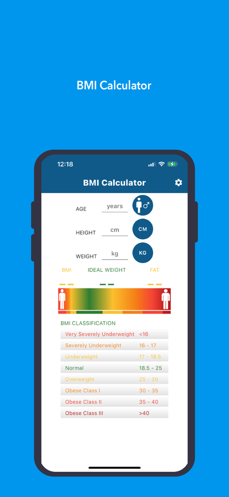 BMI Calculator - Healthy & Fit - The main interface of the BMI Calculator app showing inputs for age height and weight alongside a color coded BMI classification chart.