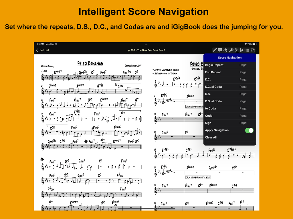 iGigBook Sheet Music Manager - iPad screen of iGigBook app displaying sheet music with the Intelligent Score Navigation menu overlay