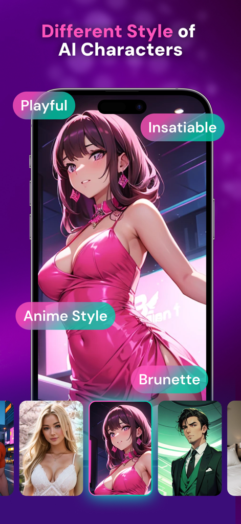 Different styles of AI characters in the XO app including anime and realistic models