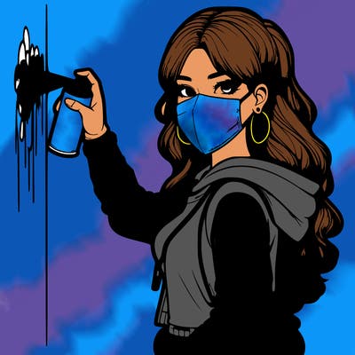 realistic girl with mask spray painting a wall