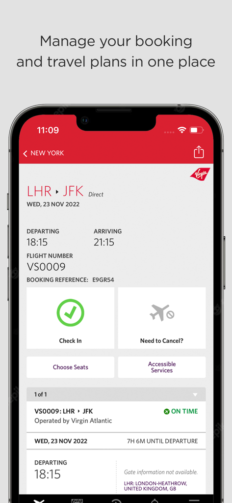 Virgin Atlantic mobile app screen showing flight booking details and check-in options