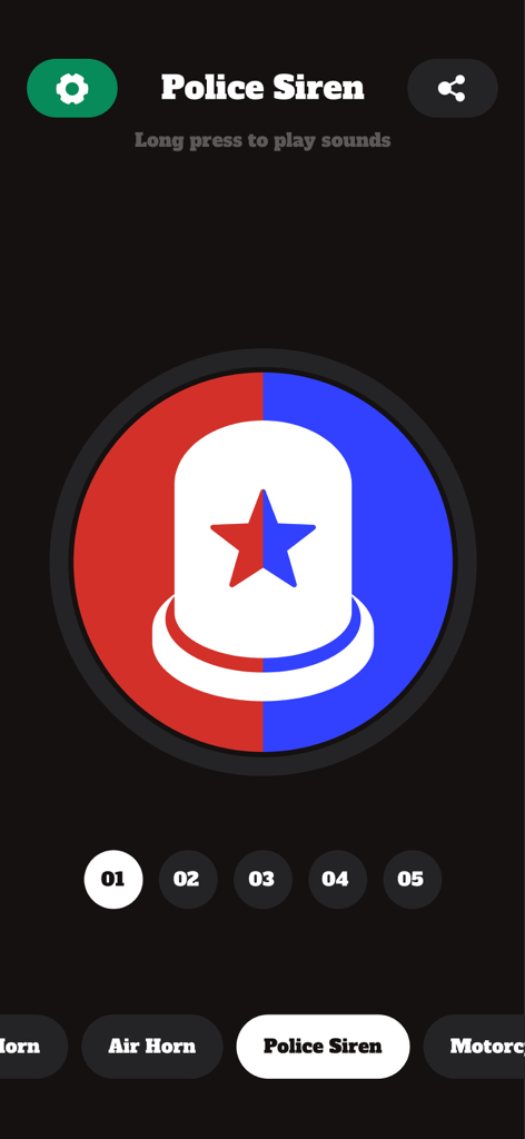 Horn Sounds - Car Horn & Siren - Police siren sound selection screen with a red and blue emergency light icon
