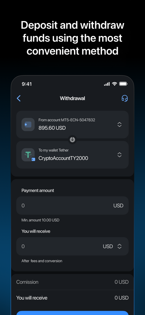LiteFinance mobile app screen for withdrawing funds from a trading account to a crypto wallet