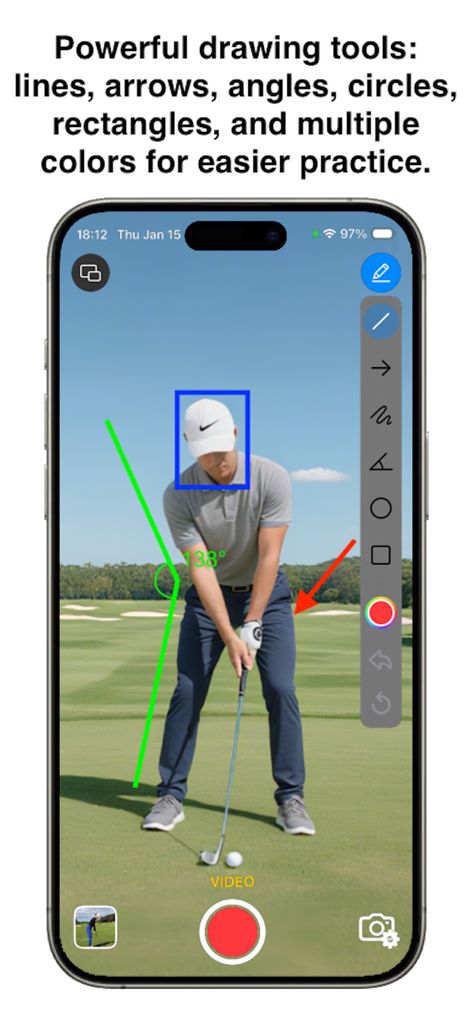 Golf swing analyzer interface showing colored lines arrows and angle measurements on a golfer