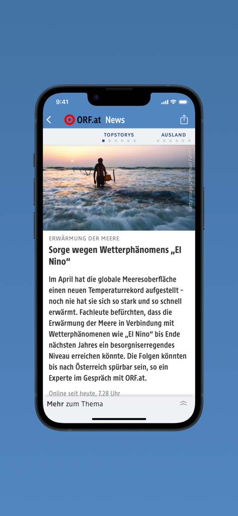 ORF.at News - A screenshot of the ORF news app showing an article in German about climate change