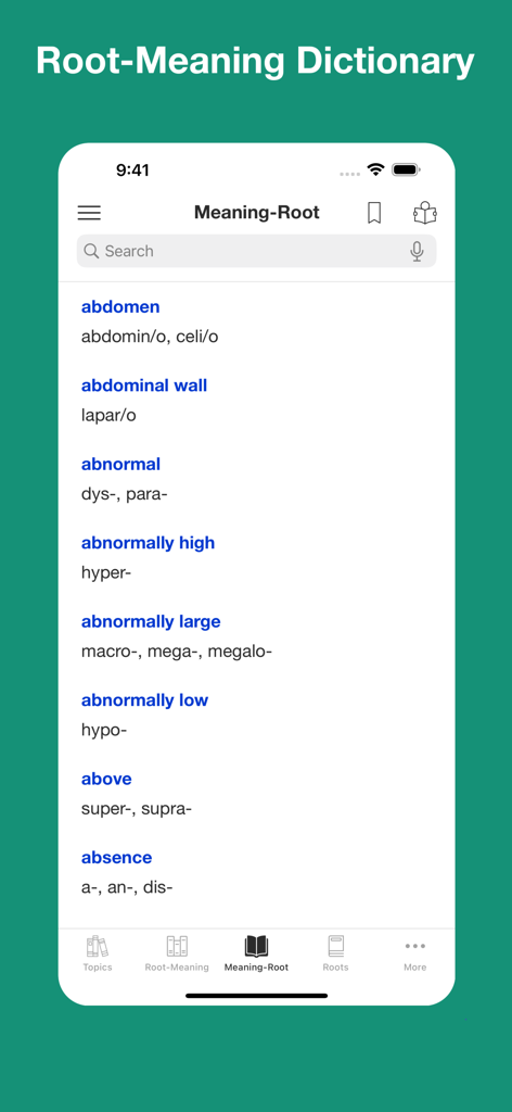 App-Bildschirm für medizinische Terminologie, der ein Wörterbuch zum Nachschlagen von Wurzeln nach ihren englischen Bedeutungen wie Abdomen und Abnormal zeigt