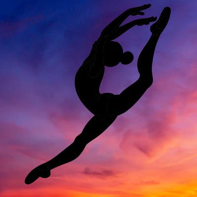 gymnast doing a leap in a leotard with a bent back leg