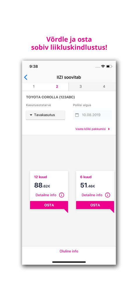 IIZI - IIZI mobile app screen showing car insurance policy price comparison and purchase options.