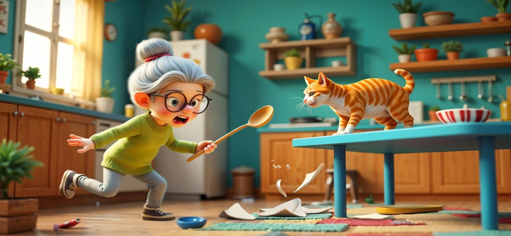 Granny With Cat - A surprised granny chasing a mischievous orange cat in a colorful kitchen with a broken plate on the floor