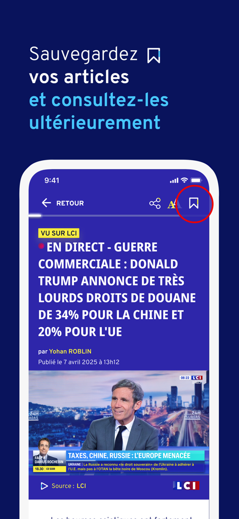 Écran de smartphone montrant l'application TF1 INFO avec un cercle rouge mettant en évidence l'icône de signet utilisée pour enregistrer les articles d'actualité à lire plus tard.