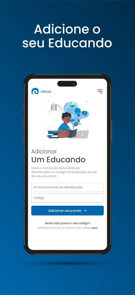 eSkola - eSkola アプリのインターフェイス。保護者が ID 番号と学校コードを使用して生徒を追加できます。