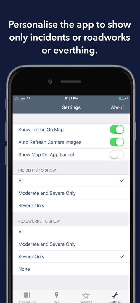Settings menu of the Ohio State Roads app showing options to filter traffic incidents and roadworks.