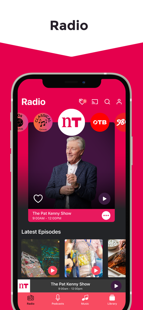 Newstalk radio app interface featuring The Pat Kenny Show