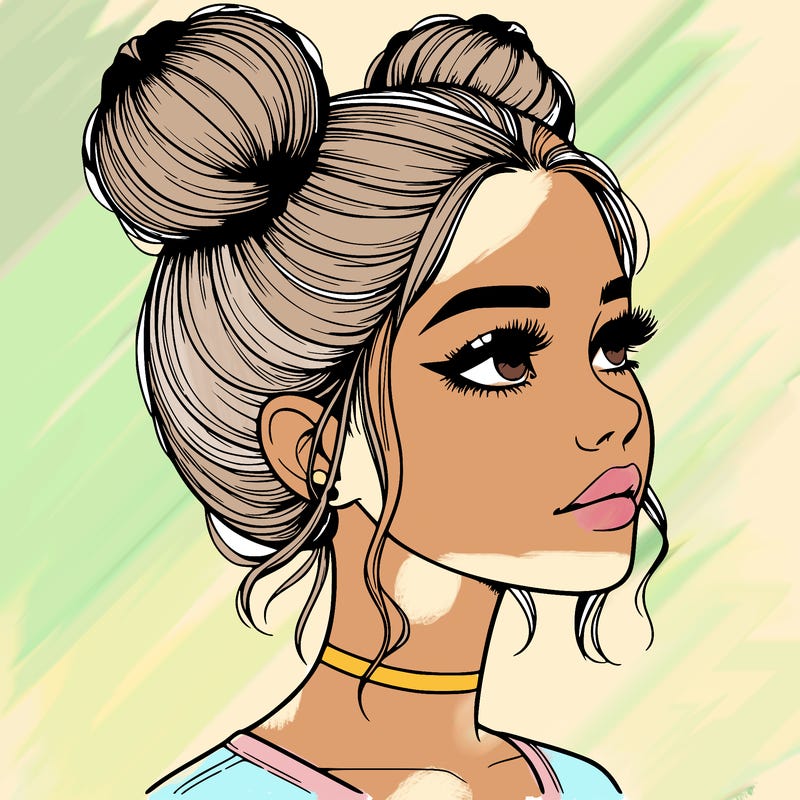 realistic girl with buns on the top of her head