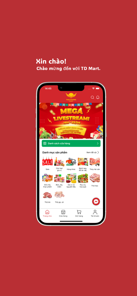 Thai Duong Mart - Thai Duong Mart mobile app home screen showing Vietnamese food categories and promotional banners on a red background