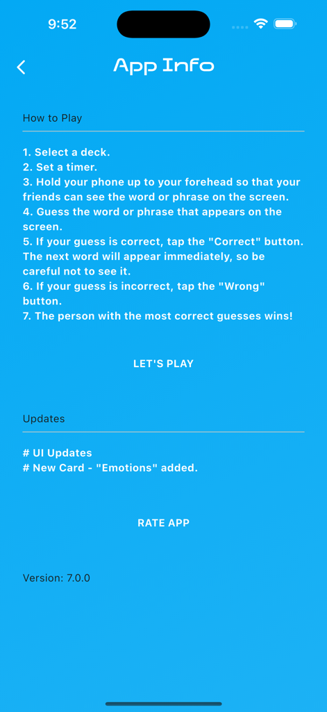 Act & Guess - Charades - The instructions and app info screen for the Act and Guess Charades game showing how to play and recent updates.