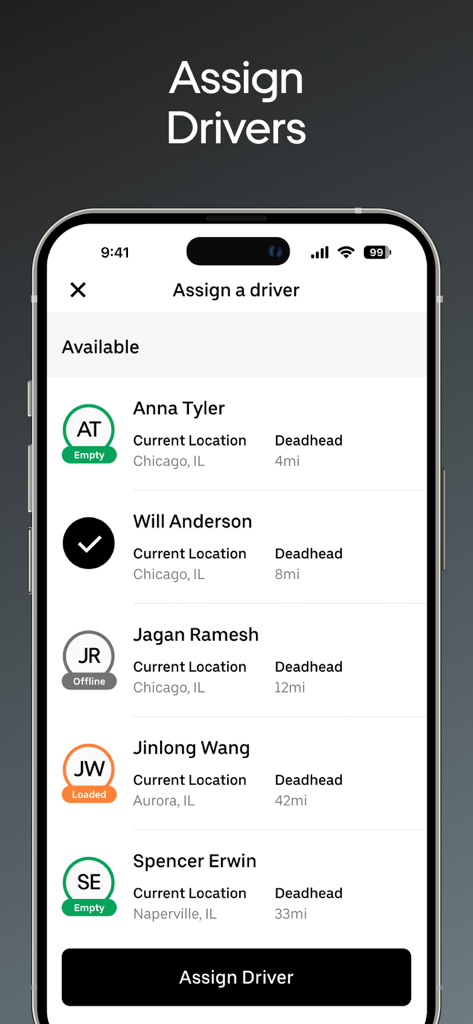 Uber Freight - Uber Freight app screen for assigning drivers to loads showing location and deadhead mileage.