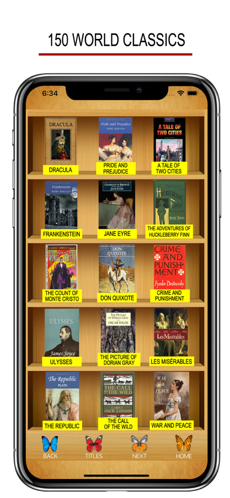 A mobile app screen showing a virtual wooden bookshelf filled with world classic book covers.