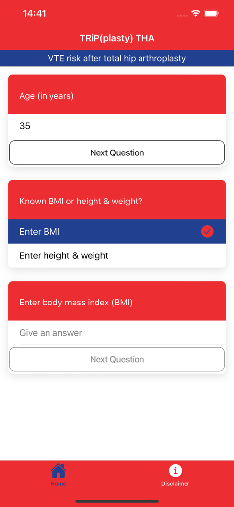 Thrombosis Risk Prediction - TRiP plasty screen for calculating VTE risk after total hip arthroplasty with input fields for age and BMI
