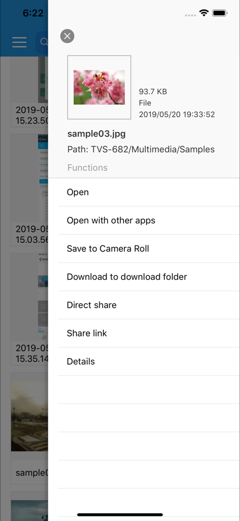 Qsirch - Qsirch file actions menu showing options to open save download and share files from a QNAP NAS