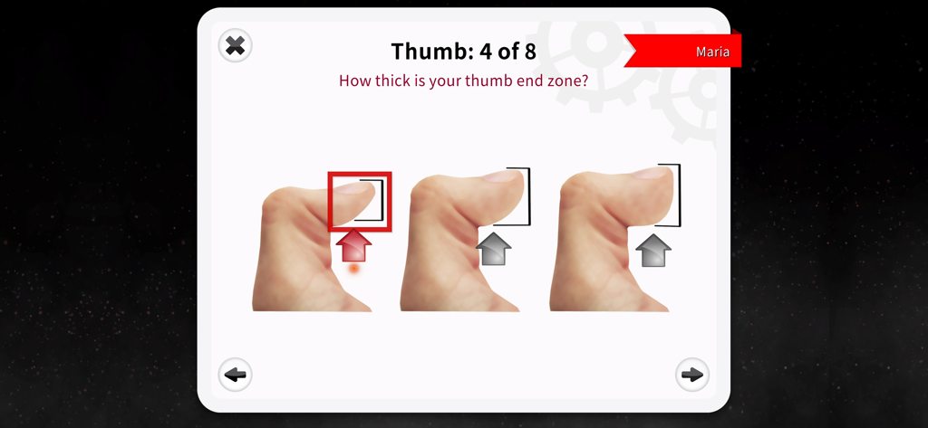 Palm Reading Premium - Una prueba de personalidad visual en la aplicación Palm Reading Premium pidiendo al usuario que identifique el grosor de la zona final de su pulgar