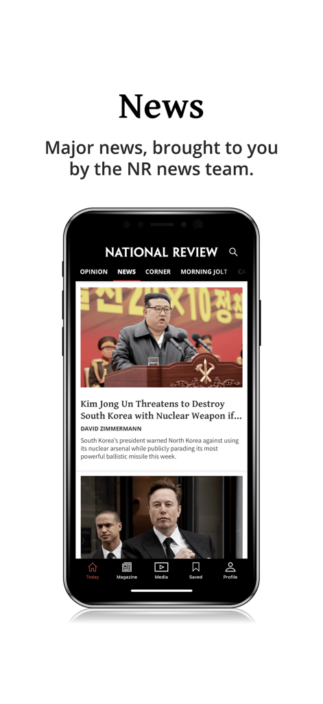 Interface de l'application mobile National Review montrant les gros titres des nouvelles et les articles