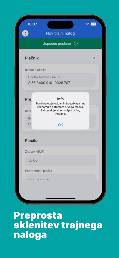 Sparkasse M.Stik - Messaggio di successo per la configurazione di un nuovo ordine permanente nell'app di mobile banking Sparkasse M.Stik.