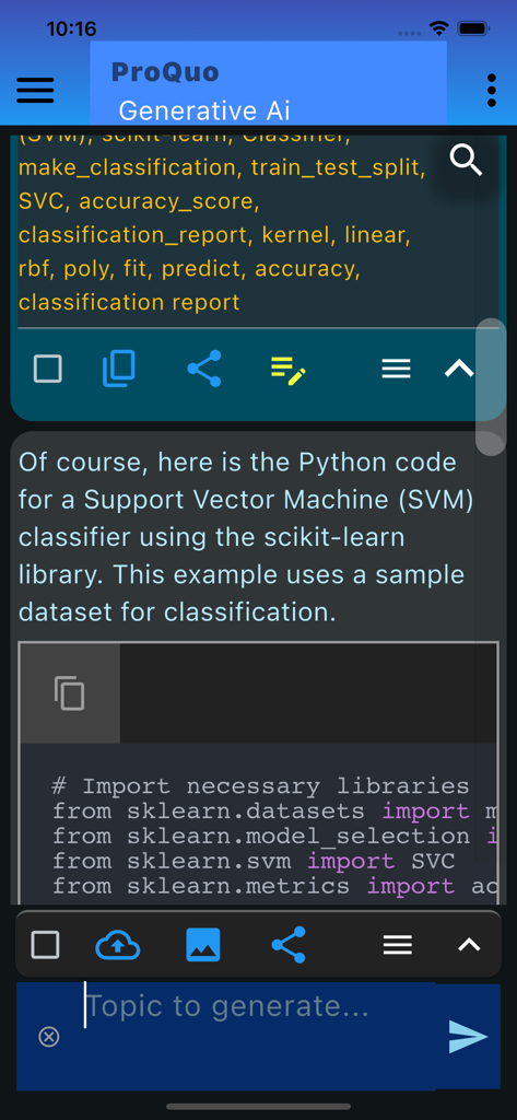 treillint.proquo3 - Interface do aplicativo móvel Proquo mostrando código Python gerado por IA para um classificador de máquina de vetores de suporte com tags de aprendizado de máquina