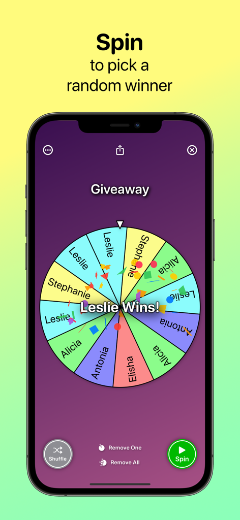 A colorful spinning wheel on an iPhone screen announcing a giveaway winner with confetti.