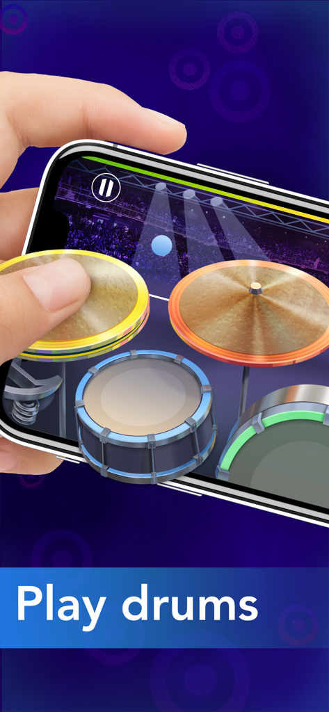 Drums: Learn & Play Drum Games - Eine Hand spielt ein realistisches Schlagzeug-Simulator-Spiel auf einem Smartphone