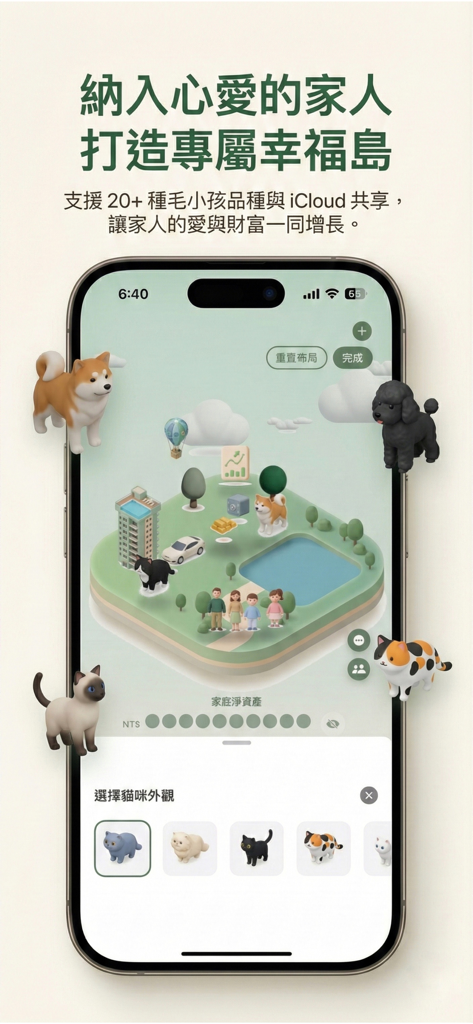 資產管理 CoRich 共富島：房貸、保險、共同記帳 - CoRich app screen showing a gamified asset island with family members and pets