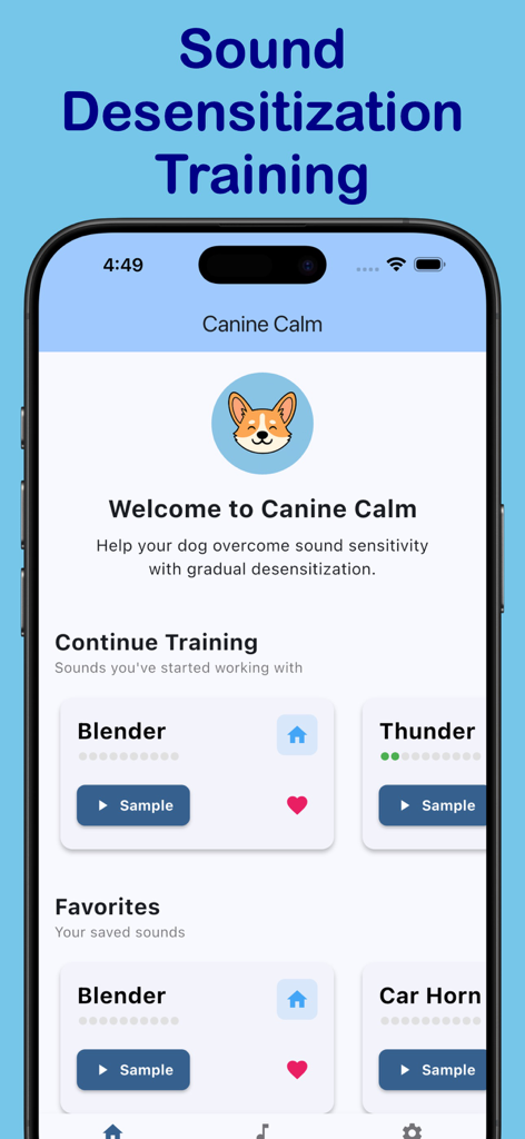 Canine Calm - Canine Calm app interface showing sound desensitization training modules for dogs