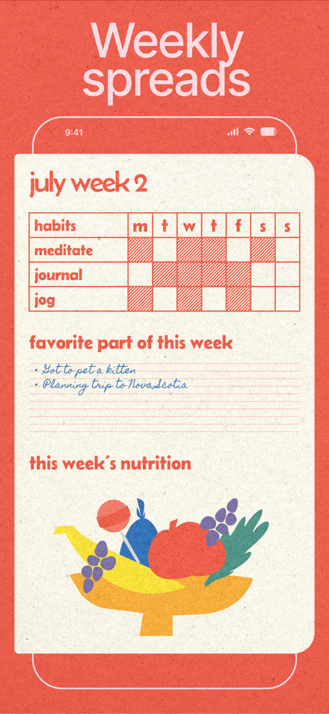 Writeway: Journal & Diary - Weekly journal spread with a habit tracker and personal reflections on a paper-textured background