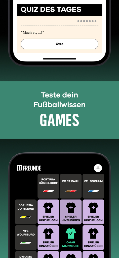 11FREUNDE - News & Liveticker - 오늘의 축구 퀴즈와 축구 선수 선택 인터랙티브 게임을 보여주는 11FREUNDE 모바일 앱 화면.