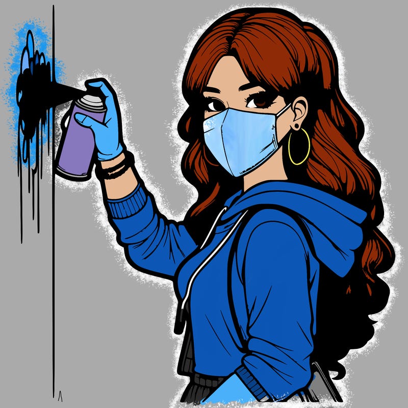 realistic girl with mask spray painting a wall