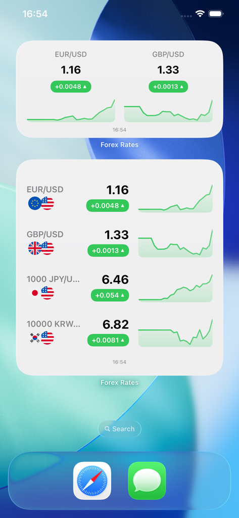 Forex currency converter widgets on an iPhone home screen displaying live exchange rates and trend charts