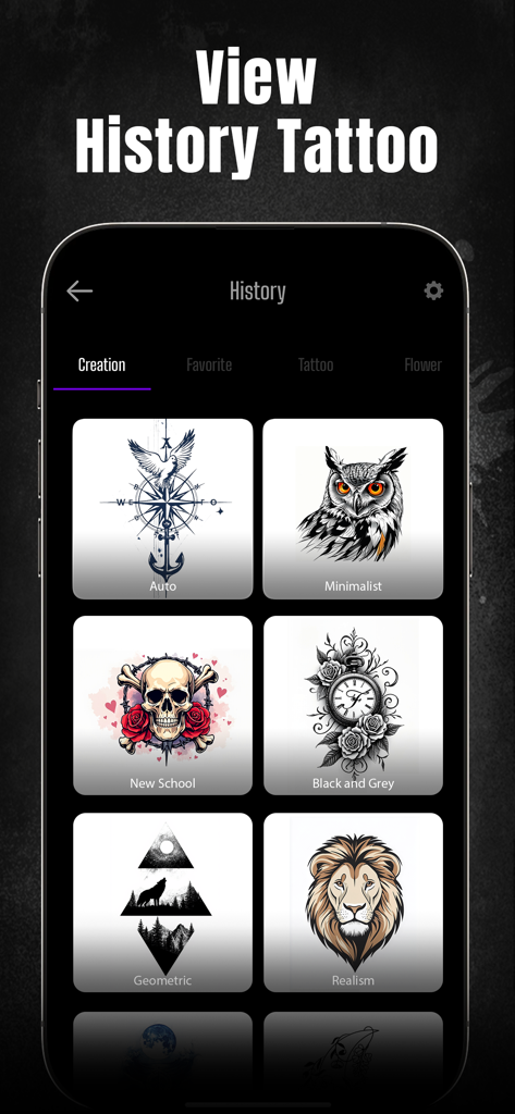 Next Ink: AI Tattoo Design - Next Ink app history screen displaying a collection of AI-generated tattoo designs in different artistic styles.