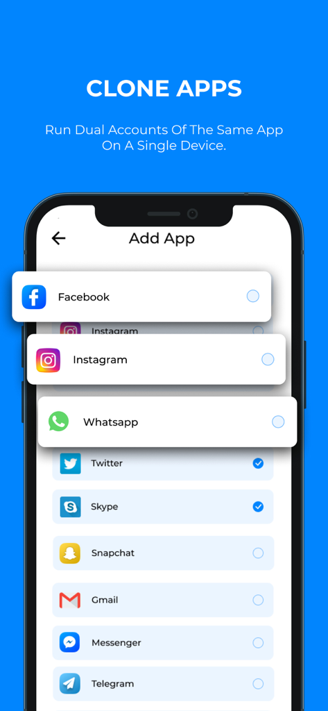 Clone App - Multiple Accounts - Interface of the Clone App showing a list of social media and messaging apps available to create dual accounts on a single device